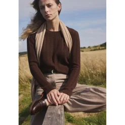 Pull col rond torsades MILENA en cachemire chocolat