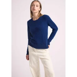 Pull col rond torsades RAPHAELLE en cachemire bleu marine