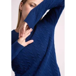 Pull col rond torsades RAPHAELLE en cachemire bleu marine