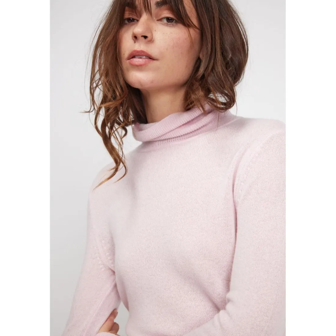 Pull col roule femme ZOE en cachemire rose perle