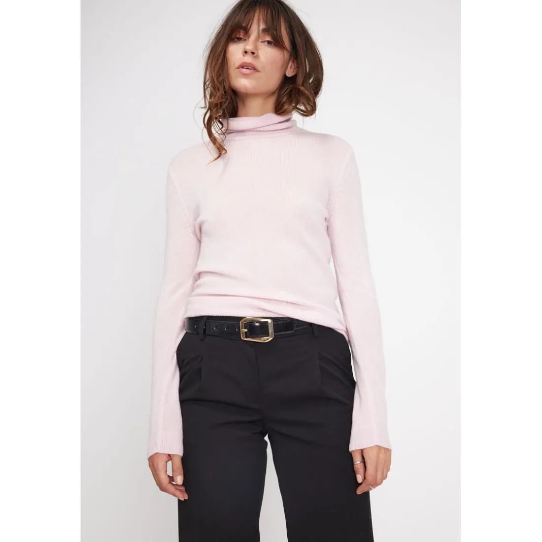 Pull col roule femme ZOE en cachemire rose perle