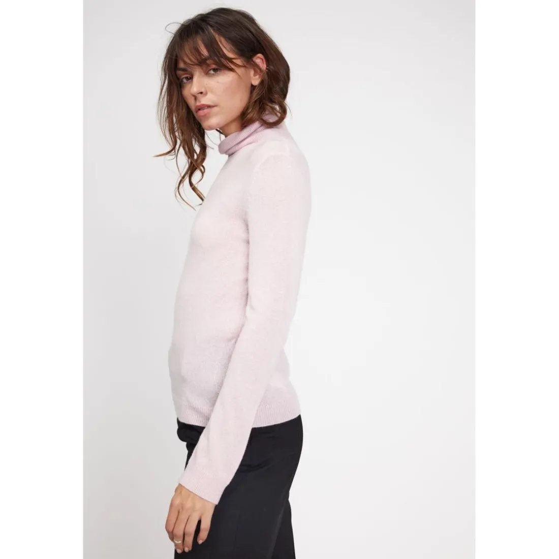 Pull col roule femme ZOE en cachemire rose perle