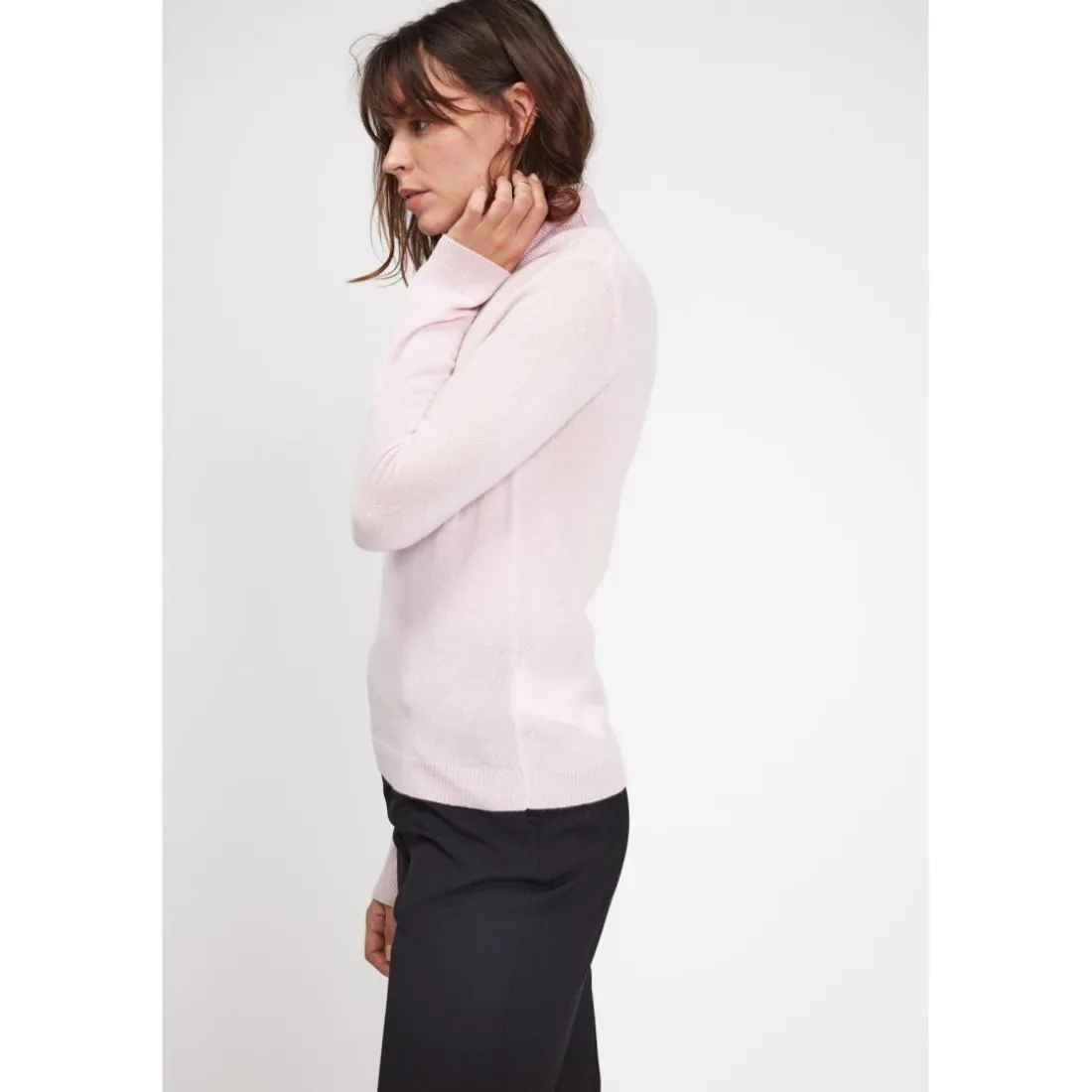 Pull col roule femme ZOE en cachemire rose perle