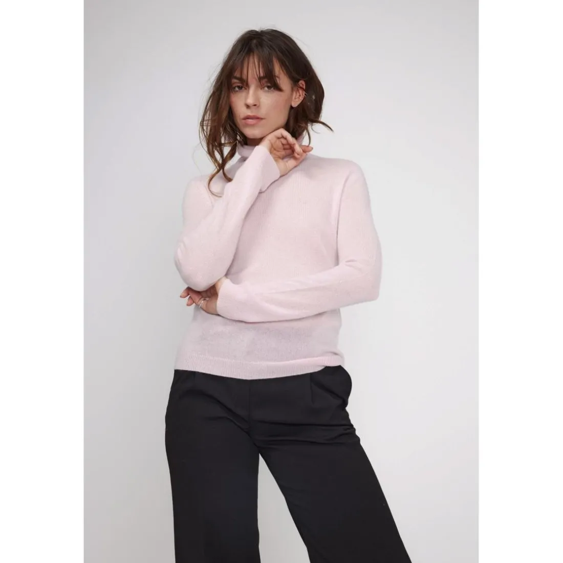 Pull col roule femme ZOE en cachemire rose perle