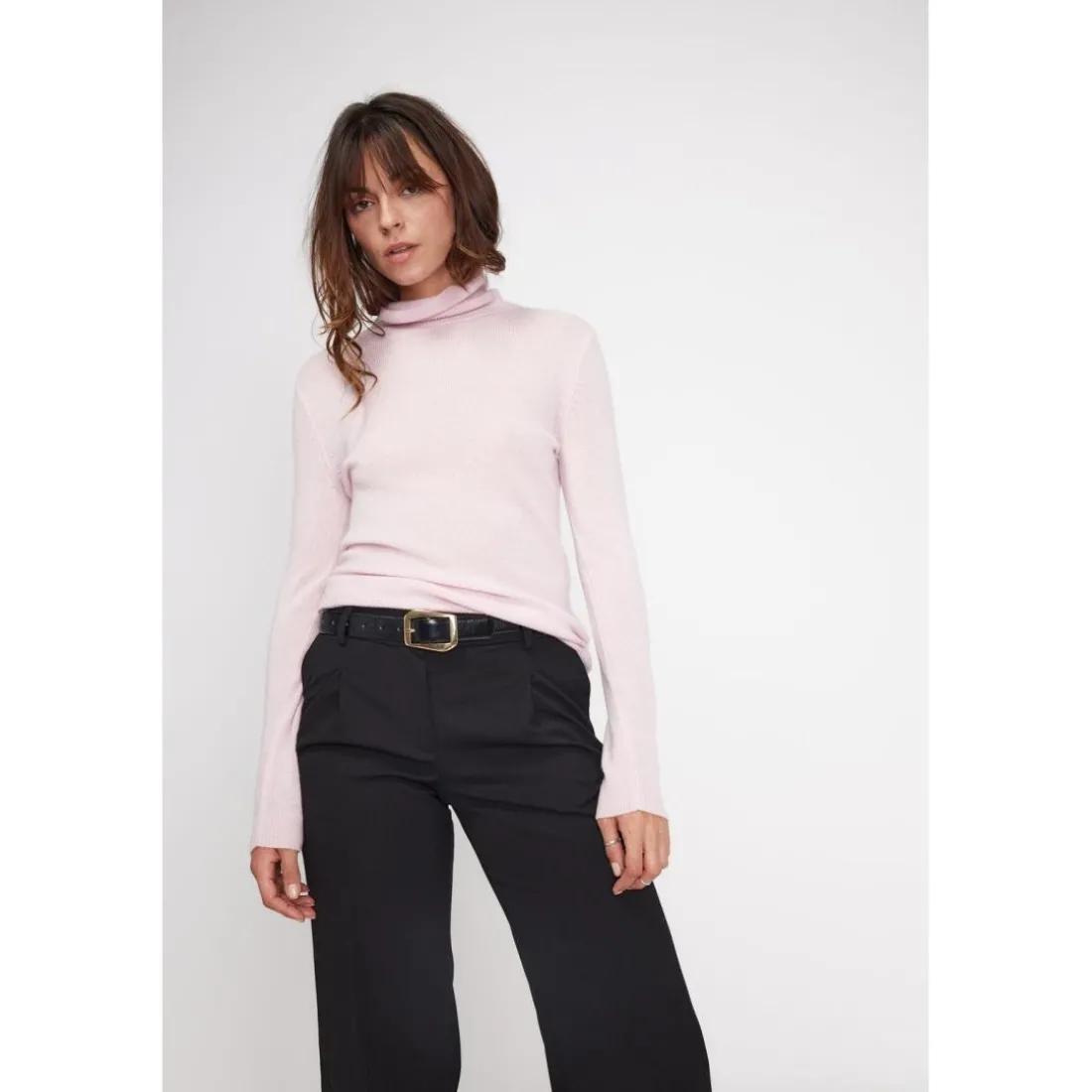 Pull col roule femme ZOE en cachemire rose perle