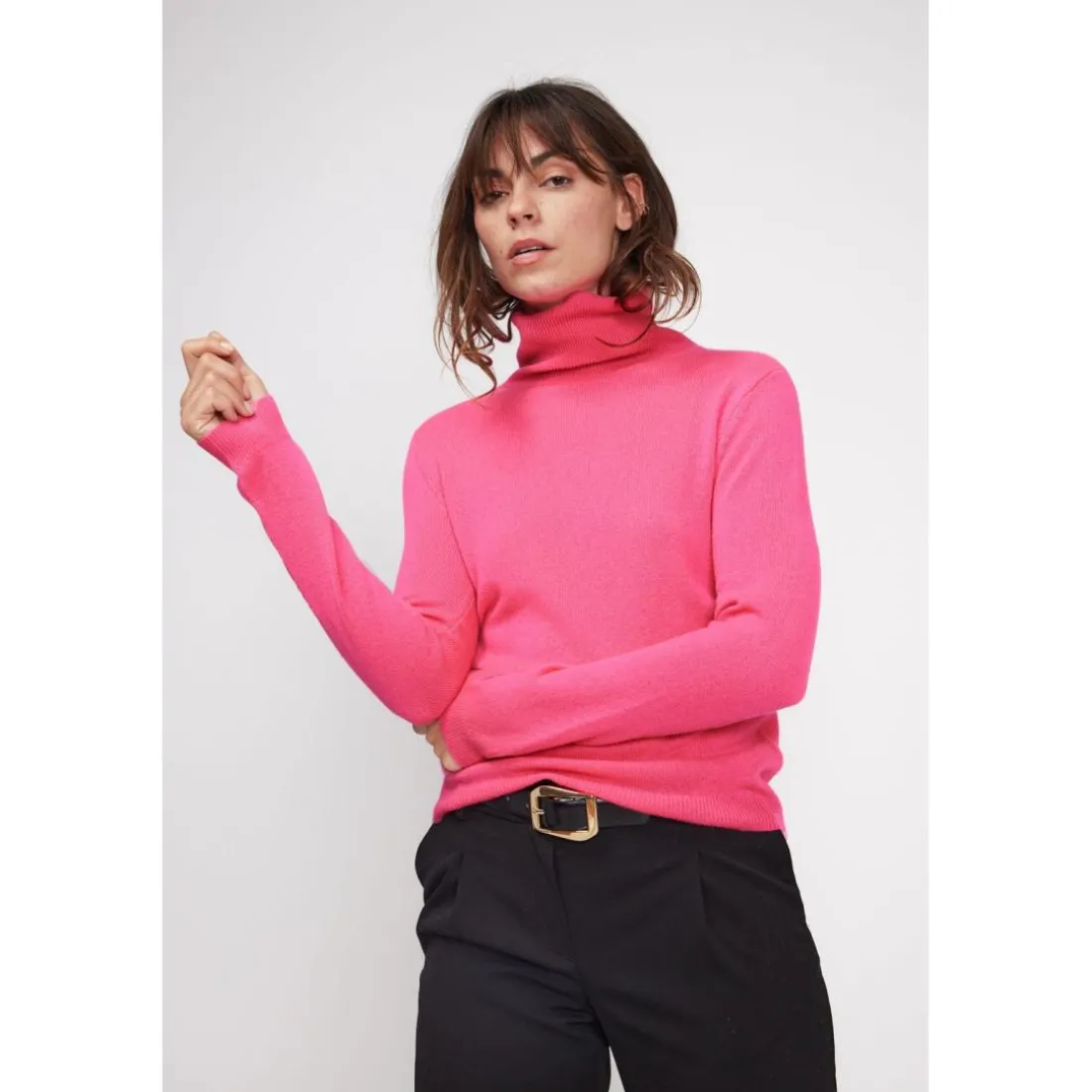 Pull col roule femme ZOE en cachemire rose fluo