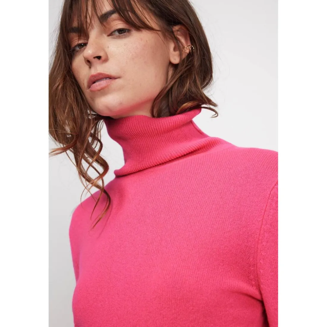 Pull col roule femme ZOE en cachemire rose fluo