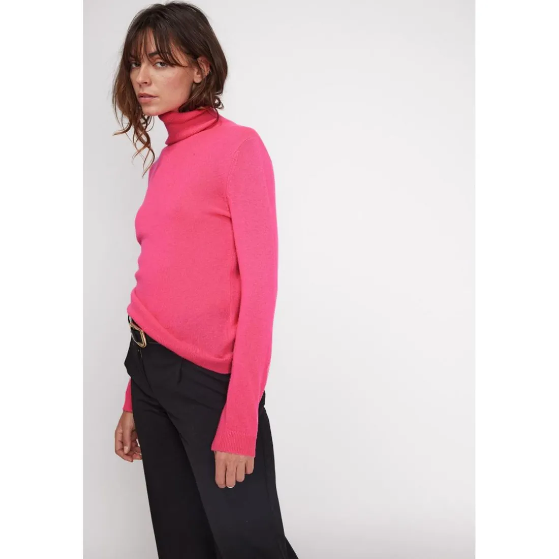 Pull col roule femme ZOE en cachemire rose fluo