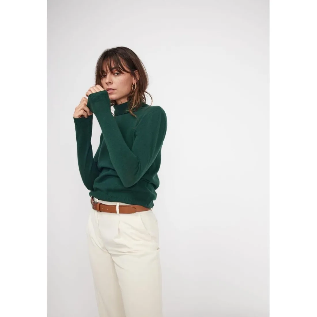 Pull col roule femme ZOE en cachemire vert sapin