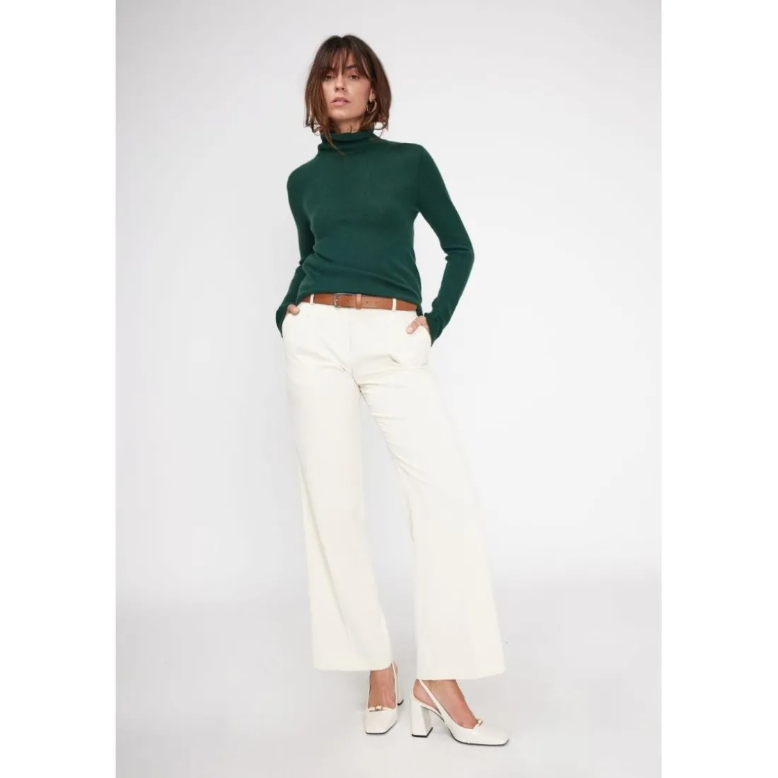 Pull col roule femme ZOE en cachemire vert sapin