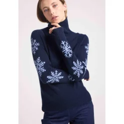 Pull col roule flocons FLOCON en cachemire bleu marine et flocon bleu ciel