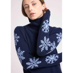 Pull col roule flocons FLOCON en cachemire bleu marine et flocon bleu ciel