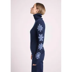 Pull col roule flocons FLOCON en cachemire bleu marine et flocon bleu ciel