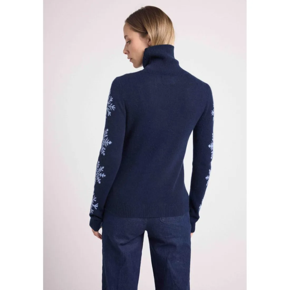 Pull col roule flocons FLOCON en cachemire bleu marine et flocon bleu ciel