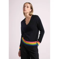 Pull col V arc en ciel rib ZORA en cachemire noir