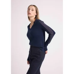Pull col V bandes lurex multicolor COLETTE en cachemire bleu marine et lurex multicolor