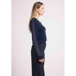 Pull col V bandes lurex multicolor COLETTE en cachemire bleu marine et lurex multicolor