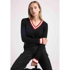 Pull col V cricket college LEONIE en cachemire noir et rib rouge et blanc