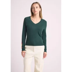 Pull col V manches bandes arc en ciel JAVA en cachemire vert bouteille