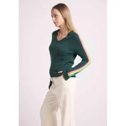 Pull col V manches bandes arc en ciel JAVA en cachemire vert bouteille