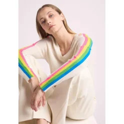 Pull col V manches bandes arc en ciel JAVA en cachemire blanc casse