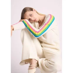 Pull col V manches bandes arc en ciel JAVA en cachemire blanc casse