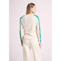 Pull col V manches bandes arc en ciel JAVA en cachemire blanc casse