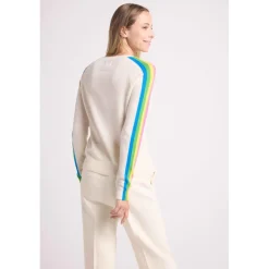 Pull col V manches bandes arc en ciel JAVA en cachemire blanc casse