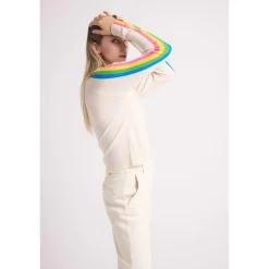 Pull col V manches bandes arc en ciel JAVA en cachemire blanc casse