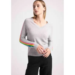 Pull col V manches bandes arc en ciel JAVA en cachemire gris perle