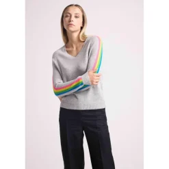 Pull col V manches bandes arc en ciel JAVA en cachemire gris perle