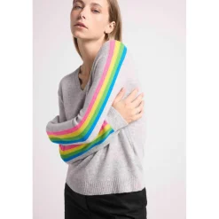 Pull col V manches bandes arc en ciel JAVA en cachemire gris perle