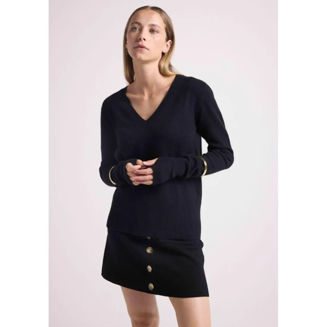 Pull col V manches mitaines ANNA en cachemire noir