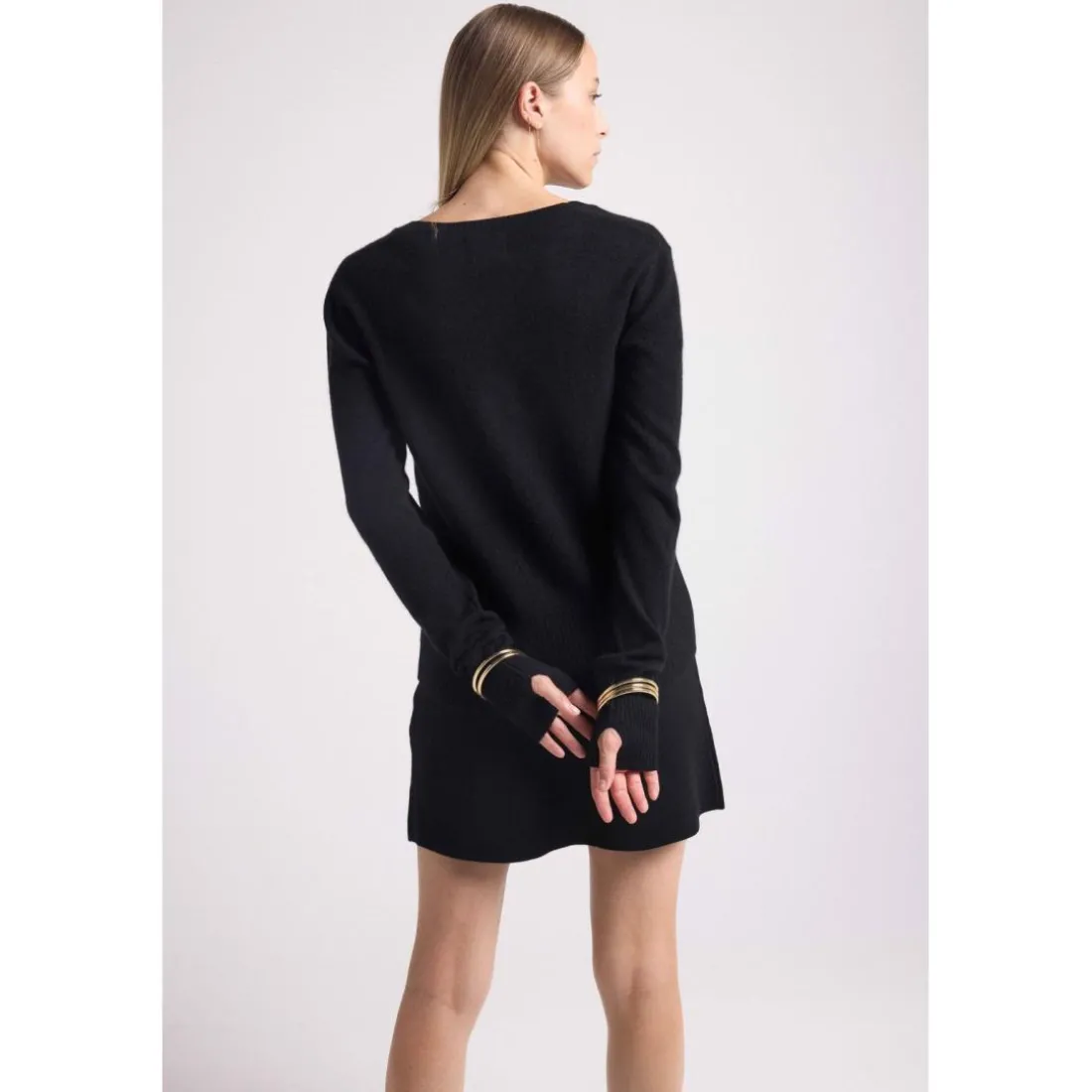 Pull col V manches mitaines ANNA en cachemire noir