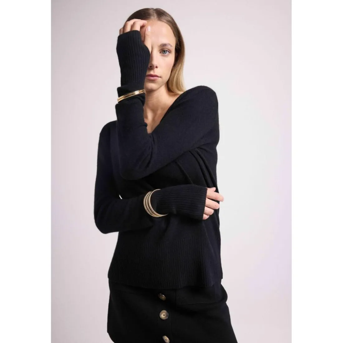 Pull col V manches mitaines ANNA en cachemire noir