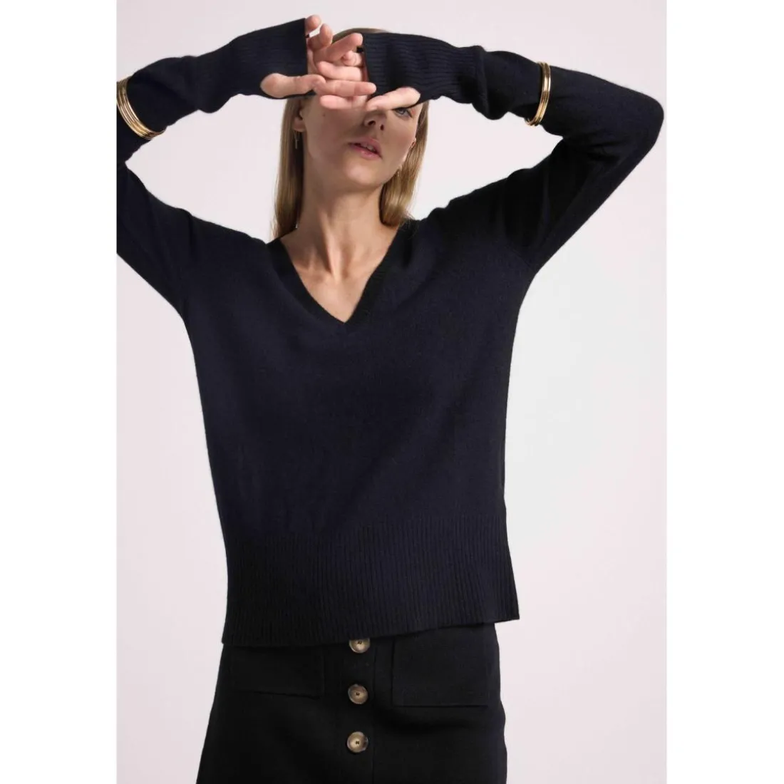 Pull col V manches mitaines ANNA en cachemire noir