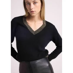 Pull col V rib contraste ZEPHANA en cachemire noir et rib dore
