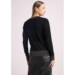 Pull col V rib contraste ZEPHANA en cachemire noir et rib dore
