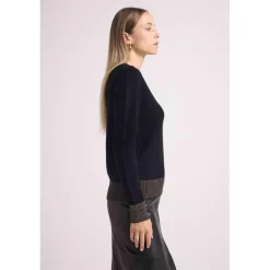 Pull col V rib contraste ZEPHANA en cachemire noir et rib dore