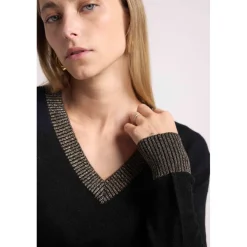 Pull col V rib contraste ZEPHANA en cachemire noir et rib dore