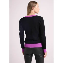Pull col V rib contraste ZEPHANA en cachemire noir et rib violet