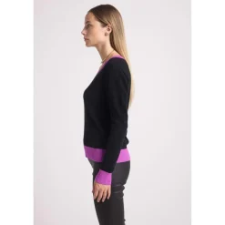Pull col V rib contraste ZEPHANA en cachemire noir et rib violet