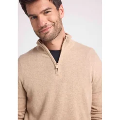 Pull col zippe montant homme ZALMAN en cachemire new beige creme