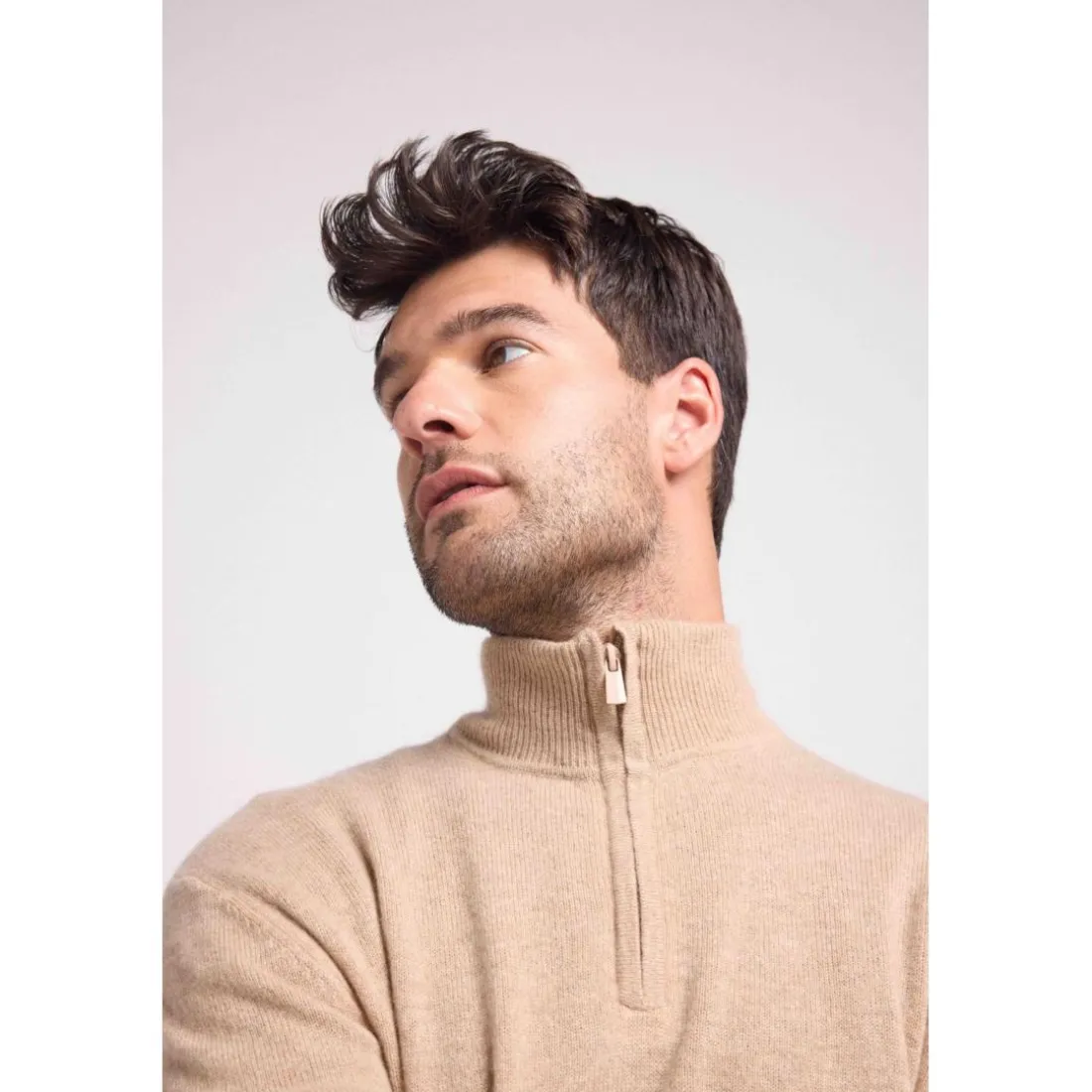 Pull col zippe montant homme ZALMAN en cachemire new beige creme