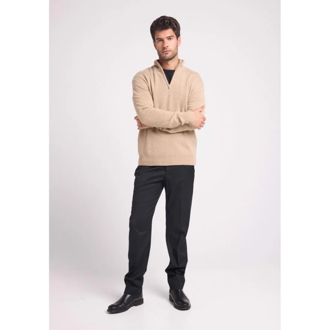 Pull col zippe montant homme ZALMAN en cachemire new beige creme