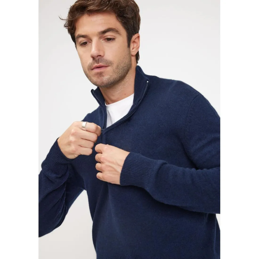 Pull col zippe montant homme ZALMAN en cachemire bleu marine