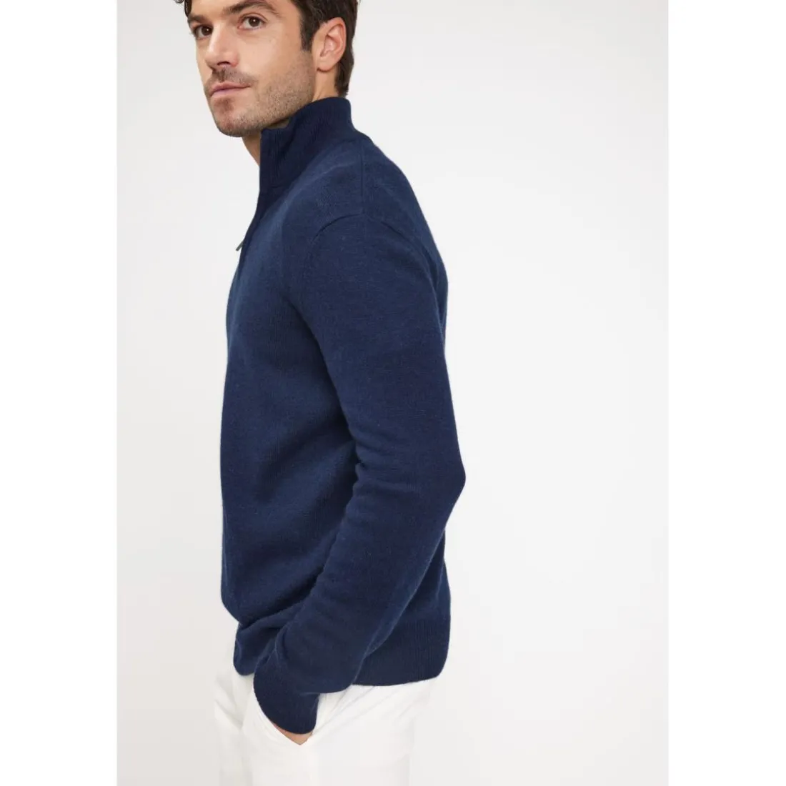 Pull col zippe montant homme ZALMAN en cachemire bleu marine