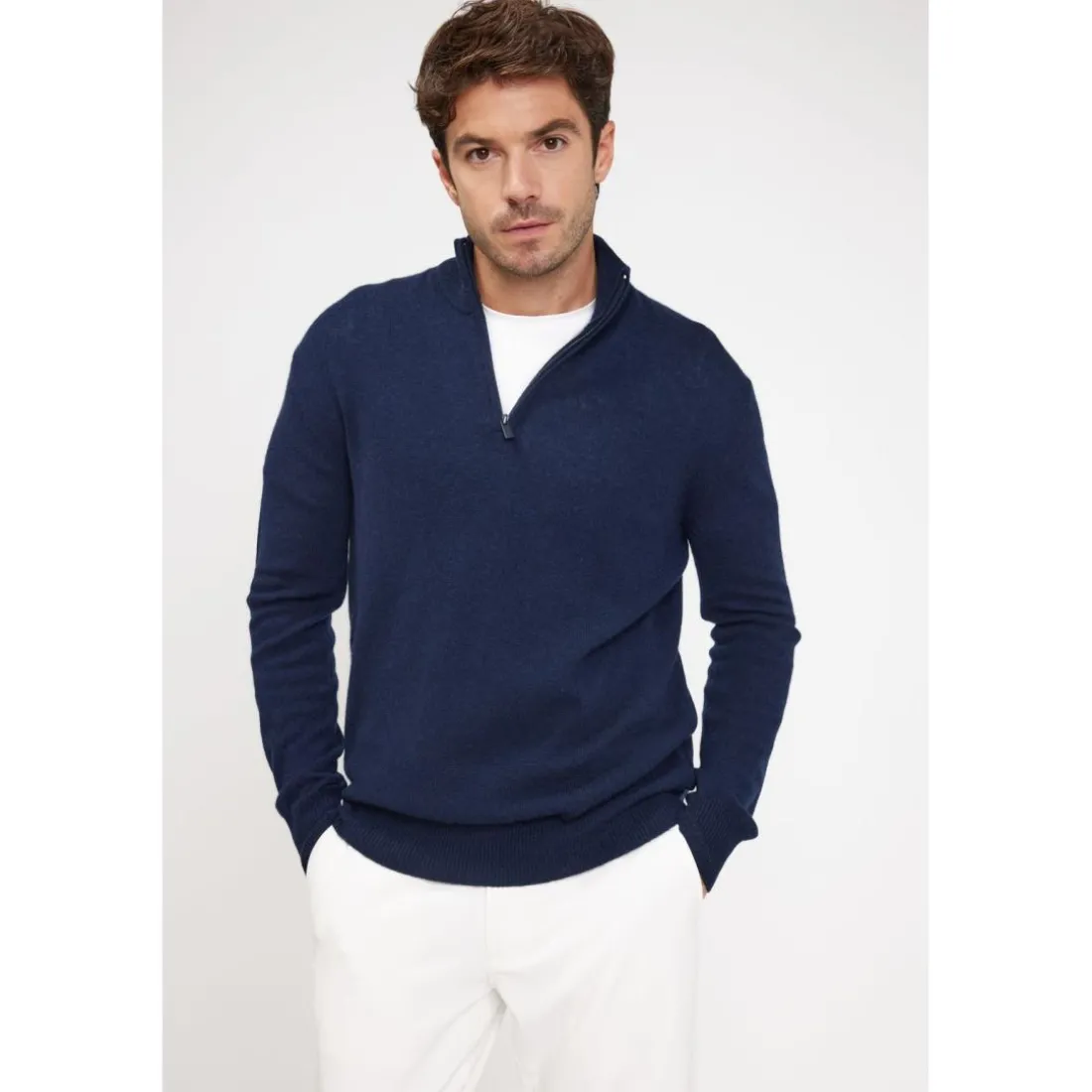 Pull col zippe montant homme ZALMAN en cachemire bleu marine