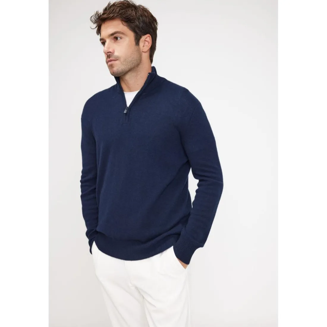 Pull col zippe montant homme ZALMAN en cachemire bleu marine