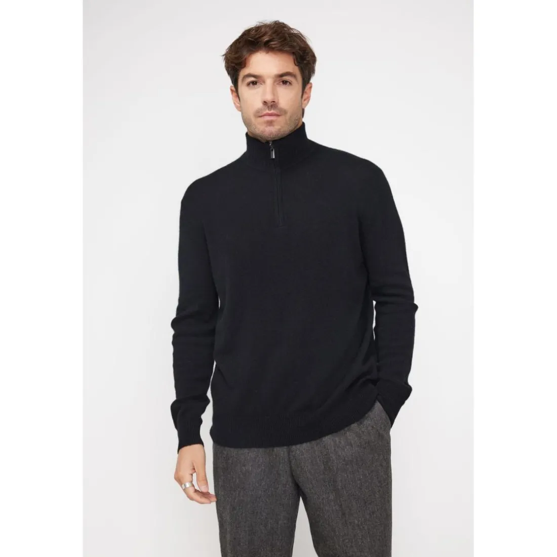 Pull col zippe montant homme ZALMAN en cachemire noir